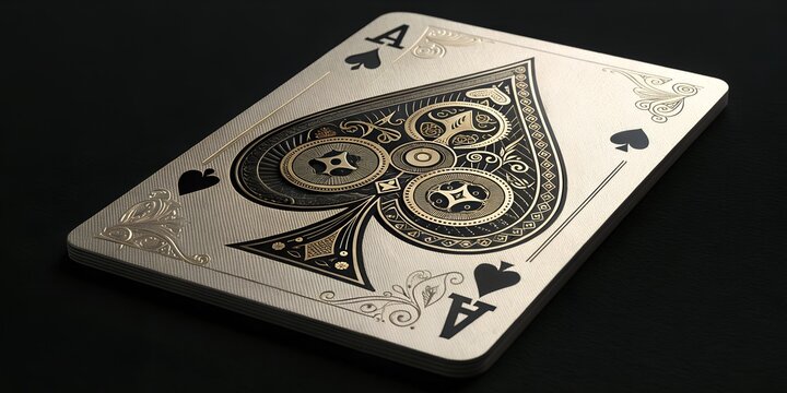 Elegant ace of spades playing card with intricate metallic steampunk gears and ornate details on a dark background, luxury and gaming