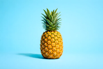 Fresh whole pineapple on bright blue background