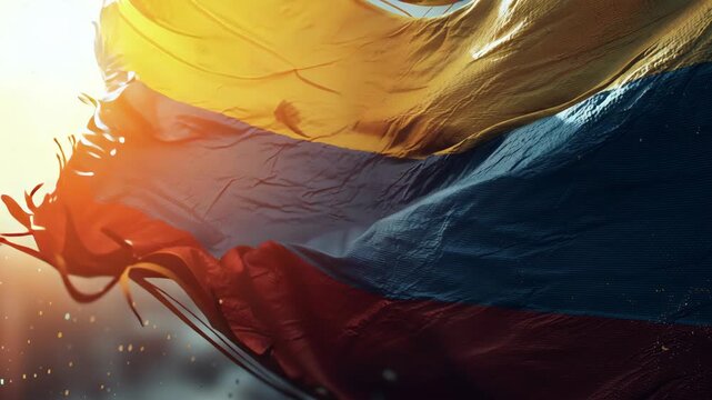 Colombia's tattered national flag waves over a blurred urban skyline at golden hour, frayed edges symbolizing resilience, pride and enduring national identity amid hardship