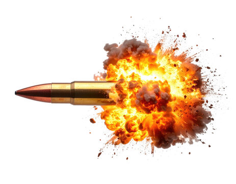 Bullet exploding with fire and smoke, motion blur, isolated on black background