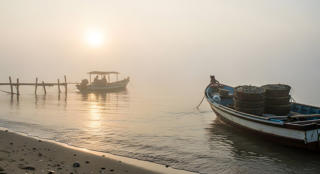Small boats on a foggy beach at sunrise with calm water and wooden dock