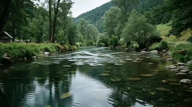 A serene river flows gently through a lush green forest landscape with trees and rocks.