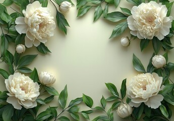 A peony frame template for a card or wedding invitation. A floral background of peonies with space for text. Floral background.