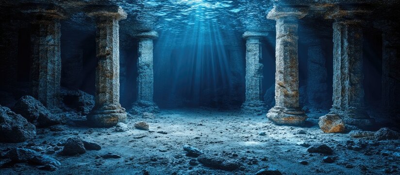 Ethereal Sunbeams Illuminate Ancient Submerged Columns in Deep Blue Water, Evoking a Lost City Mystery