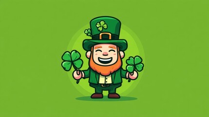 Cheerful cartoon leprechaun with shamrocks on green background.