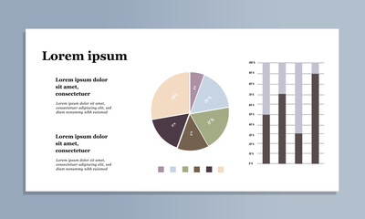 modern business presentation template featuring pie chart and bar graph with clean layout and neutral colors, ideal for data analysis, statistics, marketing report, finance, and corporate infographic 