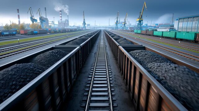 Industrial freight train cars loaded with coal on railway tracks in a busy shipping yard, with cranes and containers visible in the background under a cloudy sky