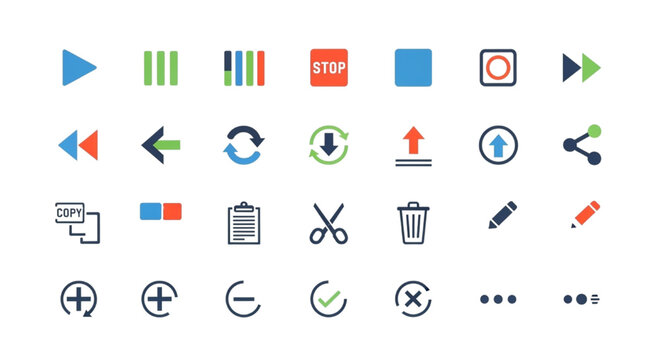 Collection of user interface icons for media playback, editing, and general functions