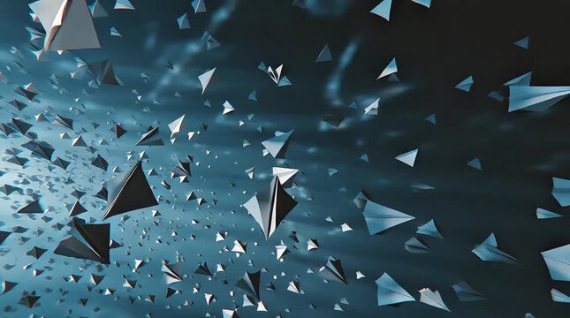 Multiple geometric shapes floating in a dark blue environment viewed from a high angle