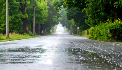 Wet Road After Rain Surrounded by Lush Green Trees.