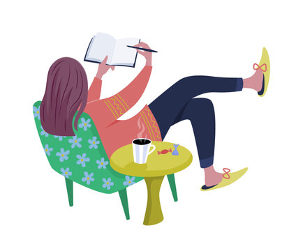 Flat isolated illustration of a woman lounging in an armchair and journaling.  Peaceful self-care, mindfulness, creative habit and a cozy atmosphere.
