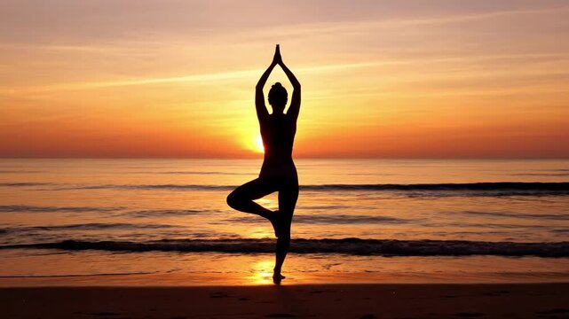 Silhouette of a woman practicing tree pose yoga on the beach at sunset