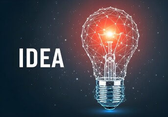 Glowing wireframe light bulb with red light and idea text on dark background with stars