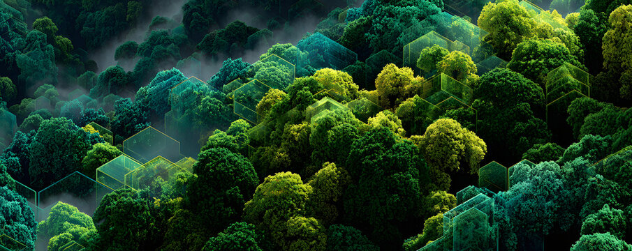 Eco digital background with green forest textures and geometric hexagon pattern