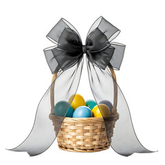 A wicker basket filled with colorful Easter eggs and adorned with a large black bow