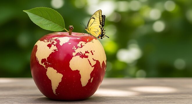 A red apple with a yellow map and a butterfly on a wooden table outdoors in a natural setting with greenery