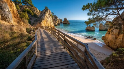 Obraz premium Scenic walk on a wooden bridge to a pristine beach cove along the Algarve coast