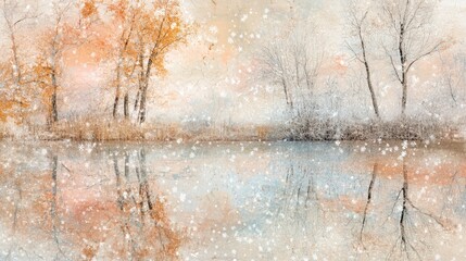 Obraz premium Ethereal Winter Lake: Golden Trees, Frosty Branches, and Falling Snowflakes Reflected in Tranquil Water