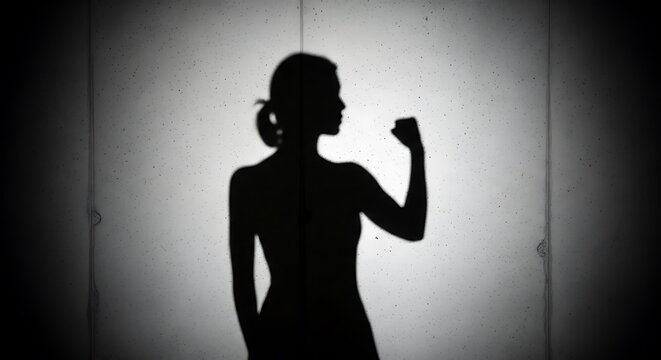 Confident woman silhouette flexing arm muscle in dramatic light