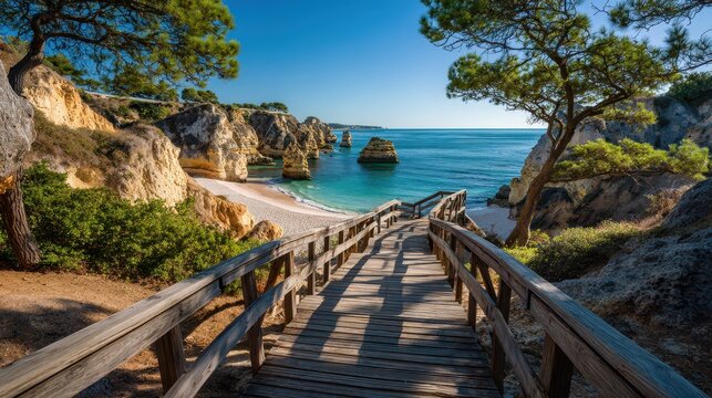 Wooden footbridge toward a secluded Algarve beach at Praia do Camilo, near Lagos