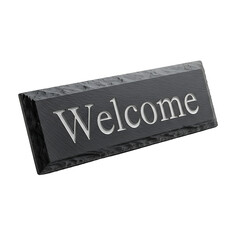 A slate stone welcome sign with white lettering on a