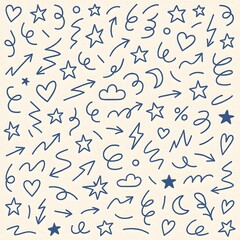 Fototapeta premium Hand Drawn Blue Ink Doodle Pattern with Arrows Stars and Hearts