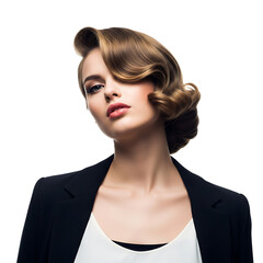 A confident businesswoman with stylish hair posing against a solid background