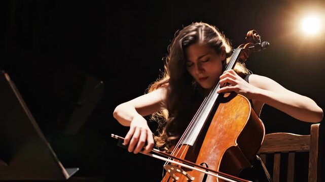 Female cellist playing a cello on a dark stage with dramatic lighting. Young woman musician performing a classical piece during a concert or rehearsal