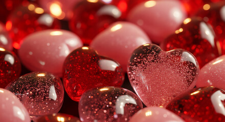 赤いハートがきらめくロマンチックなガラス風背景素材
