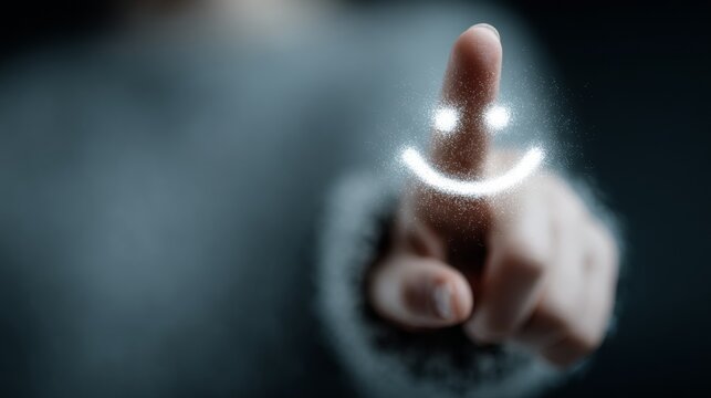 Finger creating a digital smiley face with sparkling particles on fingertip