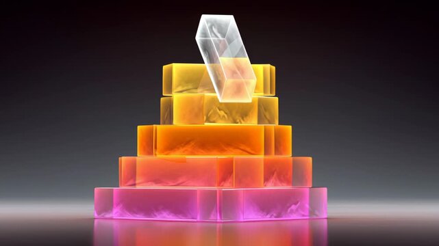 Colorful translucent blocks arranged in a pyramid structure with a clear block positioned on top, showcasing a gradual stacking process in a modern, minimalistic setting