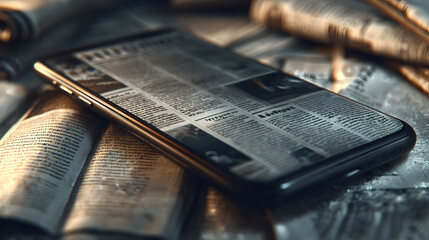A smartphone sits in the center as various newspapers burst out from its screen. The scene shows the transition from traditional media to digital forms.