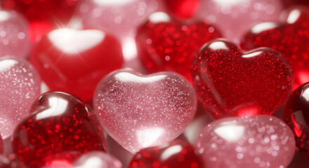 赤いハートがきらめくロマンチックなガラス風背景素材
