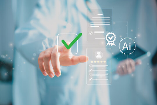Doctor selecting approval on AI medical evaluation system for healthcare quality assurance. Digital verification, smart hospital workflow, patient safety, trust, and advanced medical technology.