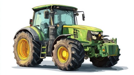Minimalist digital artwork of a green farming tractor with yellow wheels on a plain white surface
