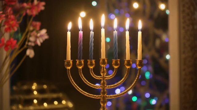 Golden menorah with nine lit candles and festive lights for final night of Hanukkah celebration