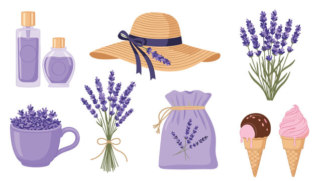 Collection of lavender themed elements including perfume bottles, straw hat with ribbon, fresh flower bouquets, scented sachet, and ice cream cones.