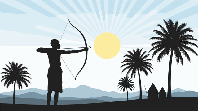 Silhouette of a hunter with a bow and arrow aimed at a large sun in a tropical landscape with palm trees and distant mountains.