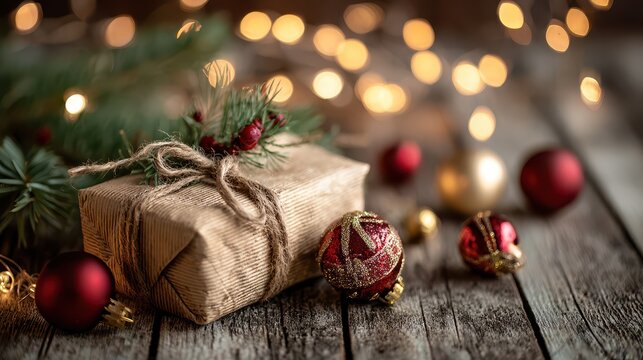 Rustikale Weihnachtskarte: Geschenk, Kugeln und Tannenzweige auf Holzplatte &acirc;&euro;&ldquo; Winterliche Gru&Atilde;&Yuml;botschaft