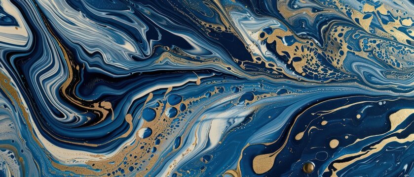Navy dark blue paint and gold paint abstract swirl mix fluid