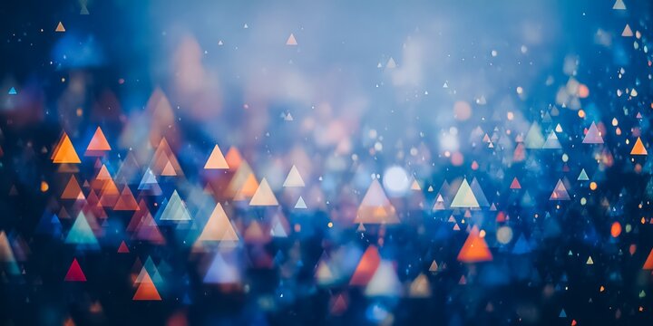 Colorful image of triangles and squares in a blue background. The triangles are in various colors and sizes