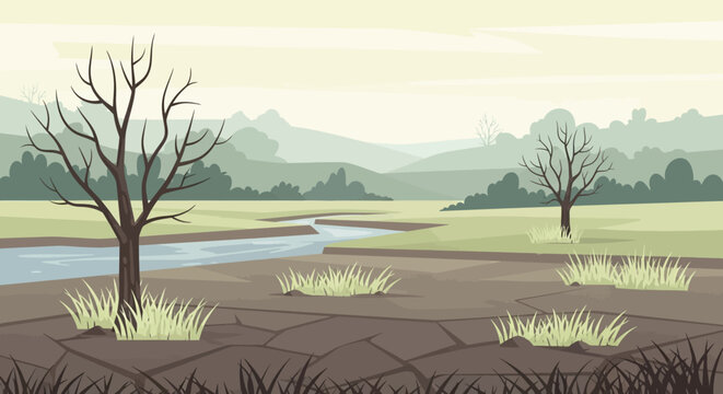 Barren Landscape: A stark illustration of a desolate landscape, where cracked earth and withered trees stand as a testament to nature's harsh realities.