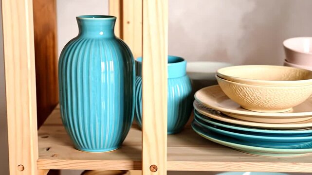 Display of ceramic dishes, bowls, and vases in various soft pastel colors, arranged on shelves