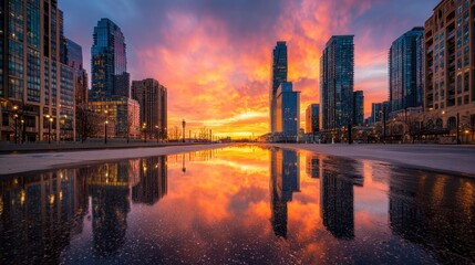 Fototapeta premium Vibrant urban sunset reflection in cityscape with skyscrapers and stunning sky.