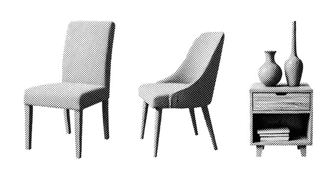 Retro halftone chairs and side table with vases in minimalist design