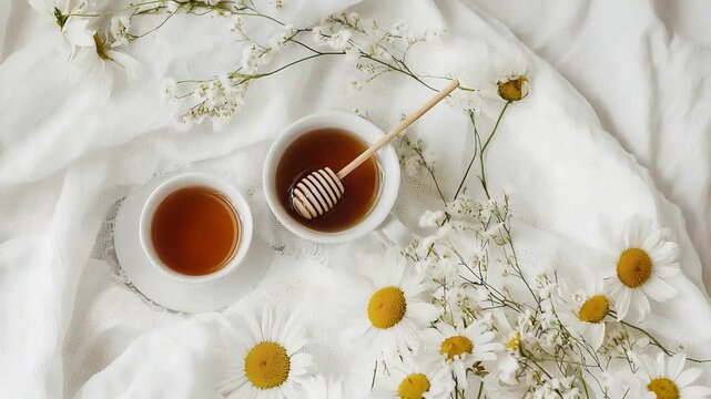 Cozy Morning Tea with Honey Dipper and Fresh White Daisies for a Peaceful Start.