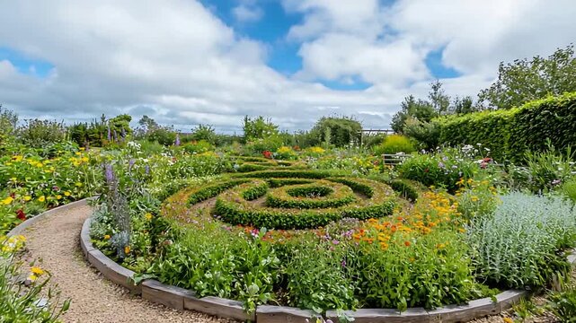 Walking through a vibrant garden maze with spiral floral patterns under a cloudy sky.