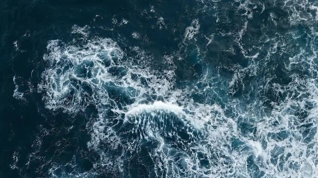 Seamless loop of rough sea during hurricane. Dark grey clouds with sun rays breaking through mist. Hyper-realistic 3D render of power of nature and climate disaster.
