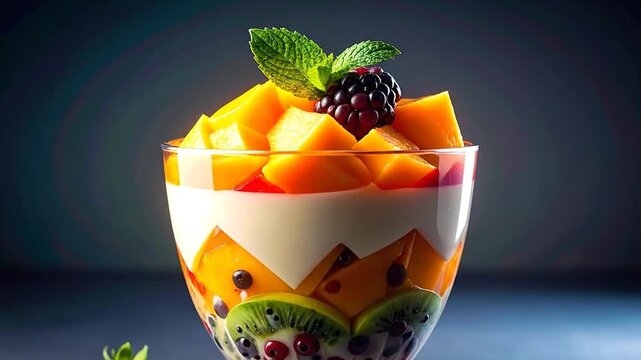 A layered dessert, featuring fruit and cream in a glass, with a single strawberry beside it