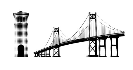 Obraz premium Halftone suspension bridge with tower illustration in black and white